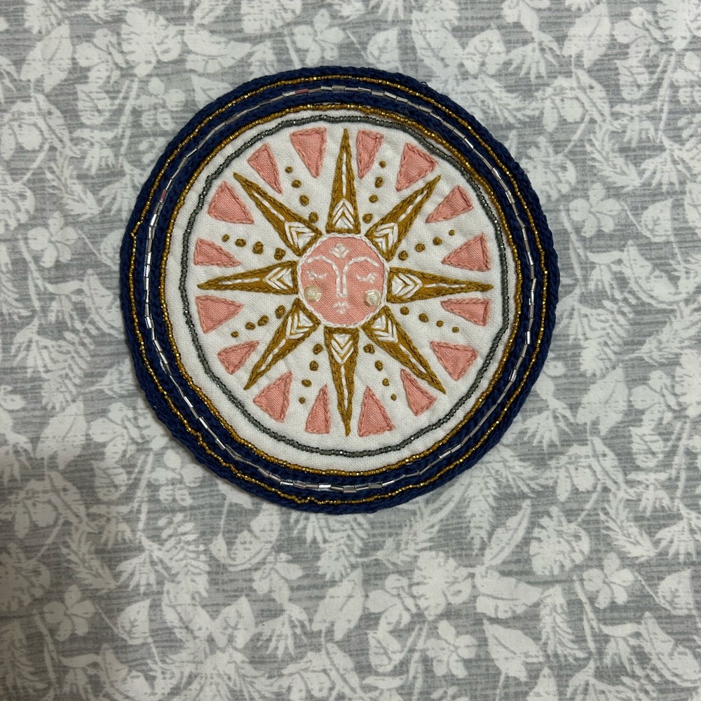 Embroidered Sun Patch with Pink and Gold Bead Accents